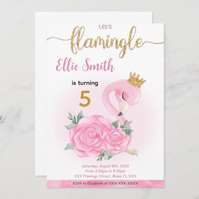 Convite de aniversário Flamingo (Frente/Verso)