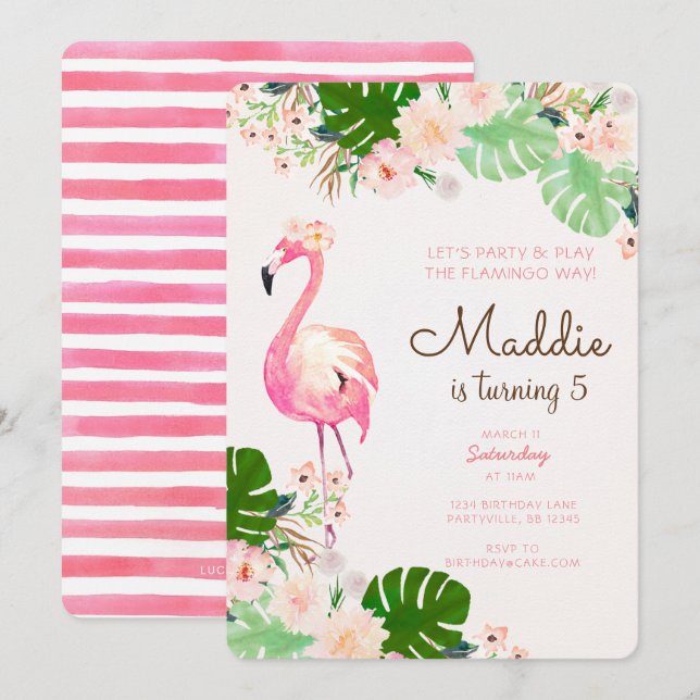 Convite de aniversário Flamingo (Frente/Verso)