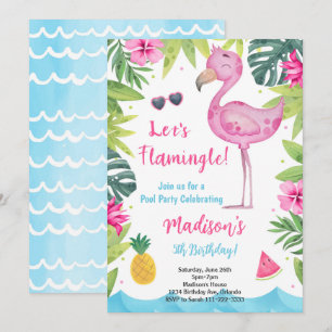 Convite de Aniversário Flamingo Aquarela Rosa Trop