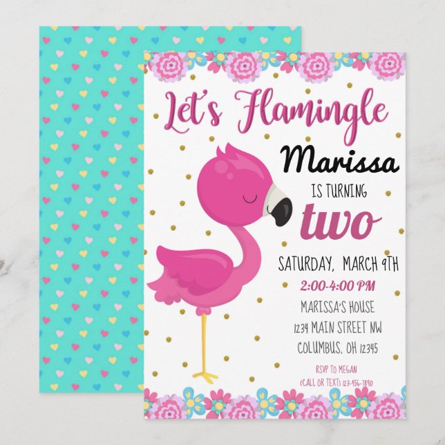 Convite de Aniversário Flamingo, Flamingle (Frente/Verso)