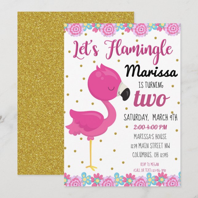 Convite de Aniversário Flamingo, Flamingle (Frente/Verso)