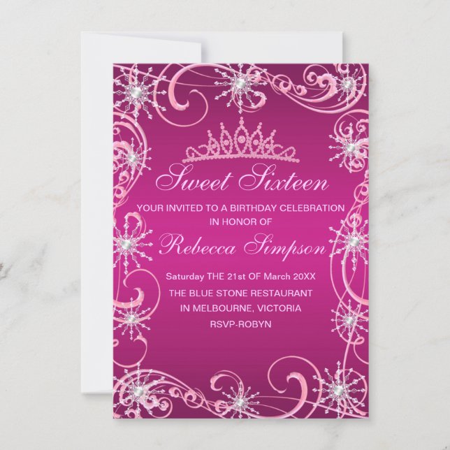 Convite de Aniversário Floco de Neve Brilho Rosa (Frente)