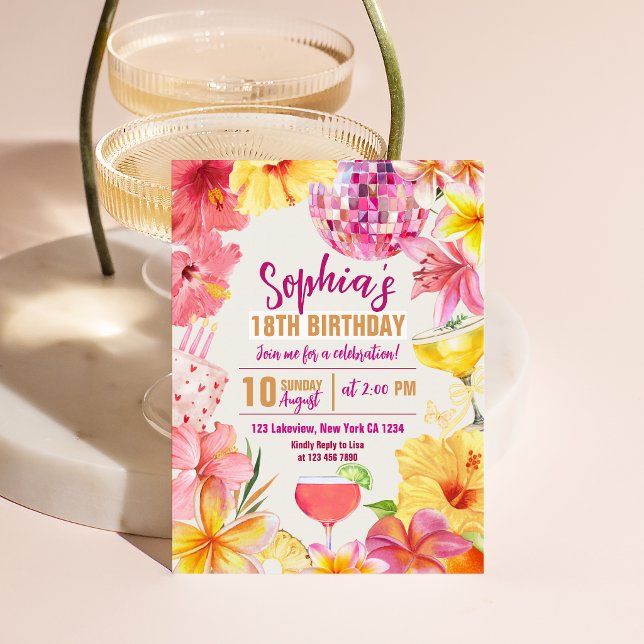 Convite de Aniversário Flor de Hibisco Floral Disc (Tropical Disco Floral Hibiscus Birthday Invitation)