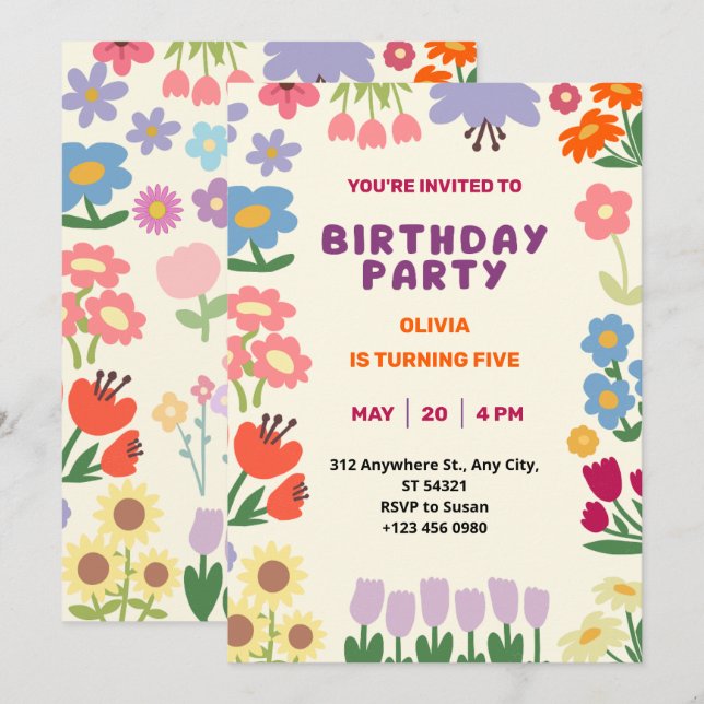 Convite de Aniversário Flor Pastel Floral Cinco Me (Frente/Verso)