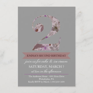 Convite de Aniversário Floral Cinza e Roxo Duas