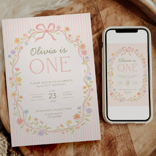 Convite de Aniversário Floral com Laço Rosa para M
