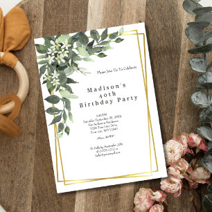 Convite de Aniversário Floral com Moldura Dourada