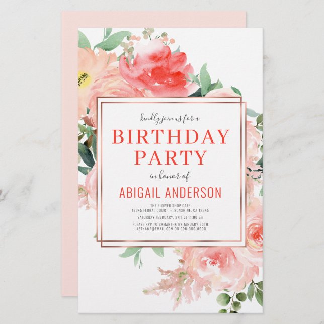 Convite de aniversário Floral Coral de Orçamento (Frente/Verso)