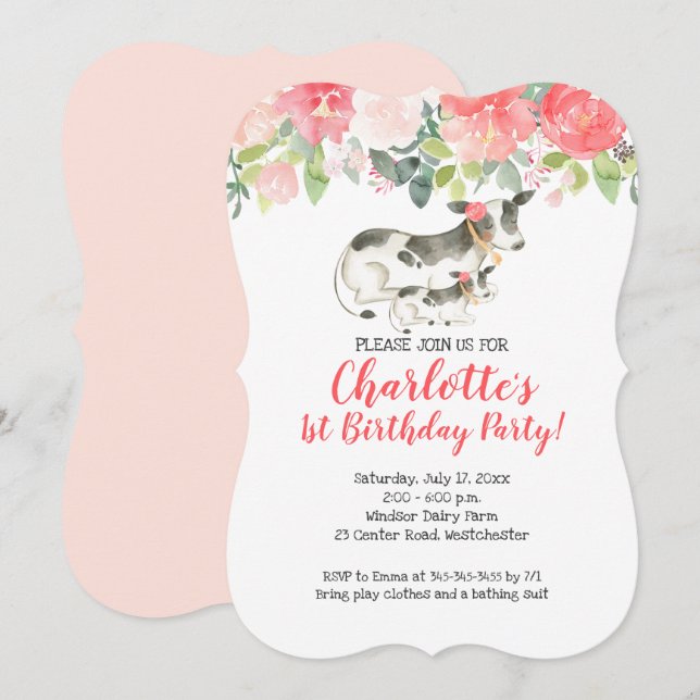 Convite de Aniversário Floral Coral e Rosa de Faze (Frente/Verso)