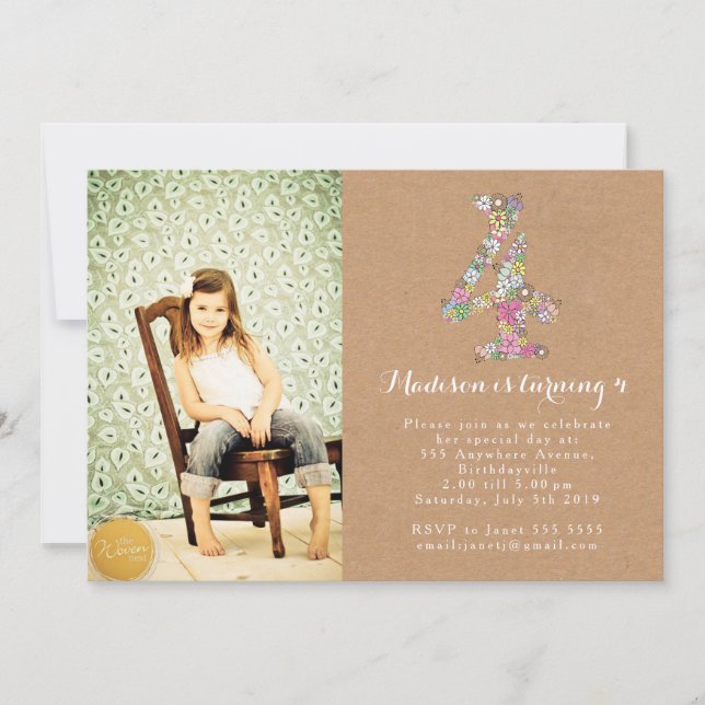 Convite de aniversário floral das meninas 4o (Frente)