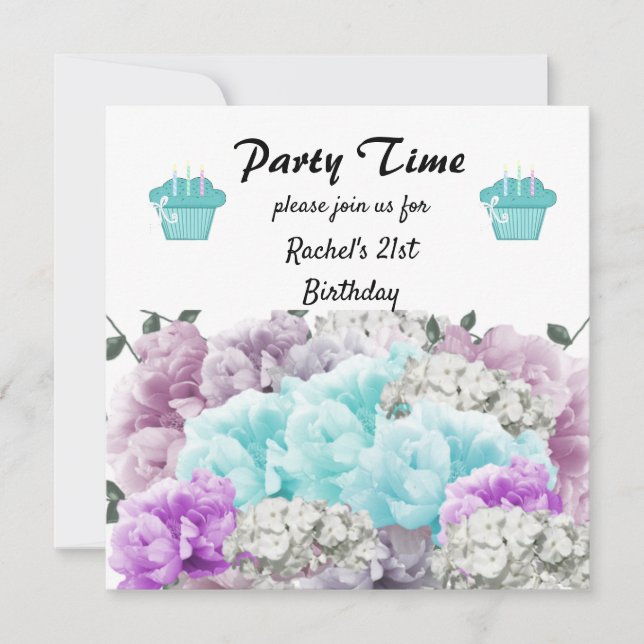 Convite de Aniversário Floral de 21 Anos (Frente)