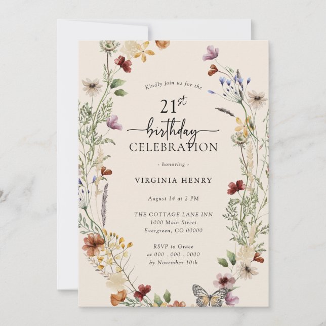 Convite de Aniversário Floral de 21 anos (Frente)