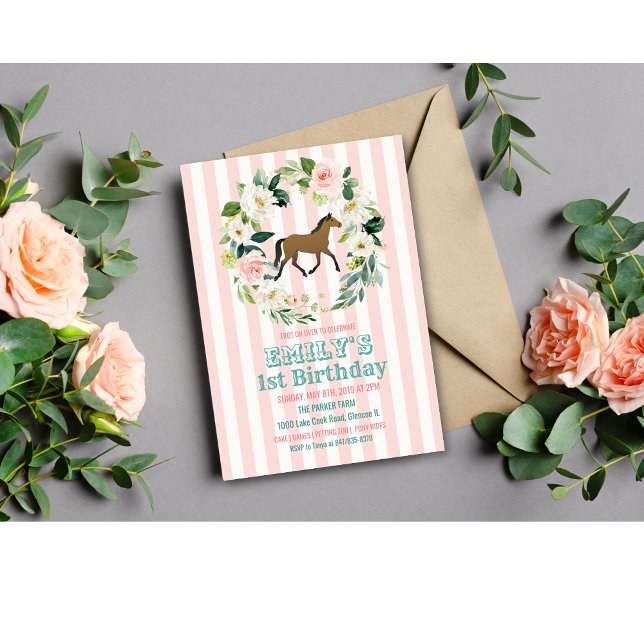 Convite de Aniversário Floral de Cavalo - QUALQUER (Criador carregado)