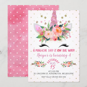 Convite De Aniversário Floral De Cor Rosa