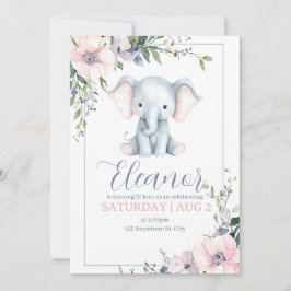 Convite de Aniversário Floral de Elefante Fofo e D