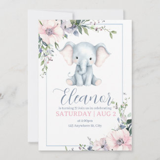 Convite de Aniversário Floral de Elefante Fofo e D