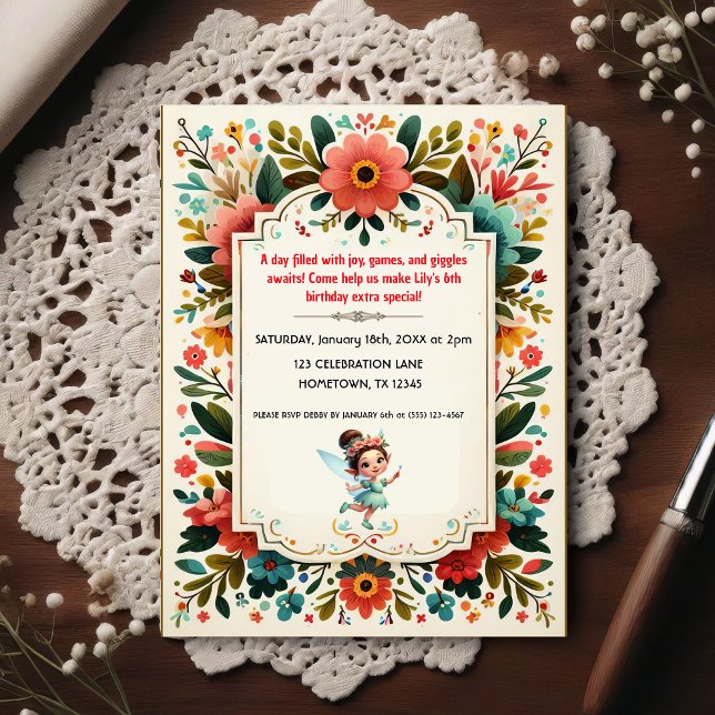 Convite de Aniversário Floral de Fada Encantada (Criador carregado)