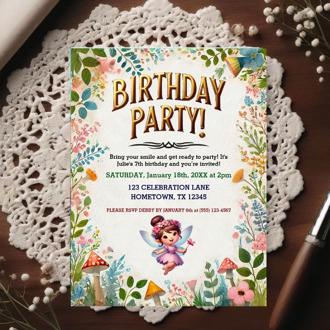 Convite de Aniversário Floral de Fada Encantada (Criador carregado)
