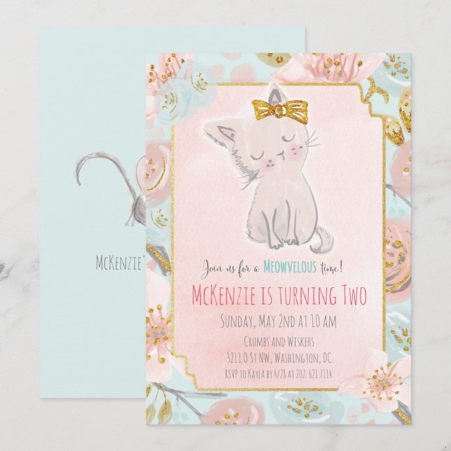 CONVITE DE ANIVERSÁRIO FLORAL DE GATINHO FOFO PARA (Frente/Verso)