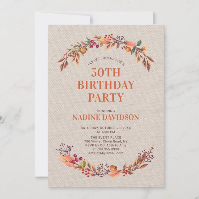 Convite de Aniversário Floral de Outono para 50 an (Frente)