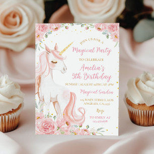 Convite de Aniversário Floral de Unicórnio Rosa