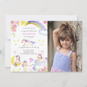 Convite de Aniversário Floral do Unicórn com Foto