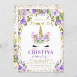 Convite de Aniversário Floral Dourado de Roxo Magr