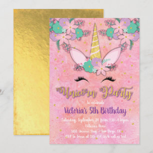 Convite de aniversário Floral Dourado do Unicorn
