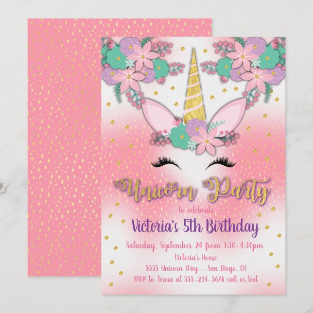 Convite de aniversário Floral Dourado do Unicorn (Frente/Verso)