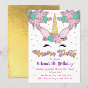 Convite de aniversário Floral Dourado do Unicorn