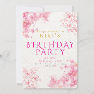Convite de Aniversário Floral em Aquarela Rosa Ele
