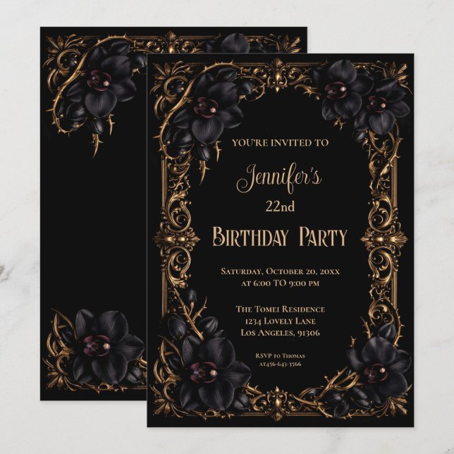 Convite de aniversário floral gótico de orquídeas  (Frente/Verso)