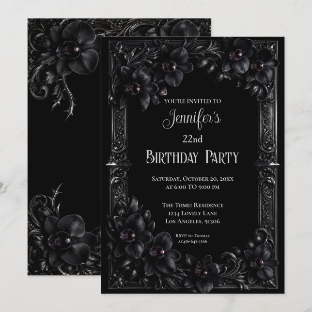 Convite de aniversário floral gótico de orquídeas  (Frente/Verso)