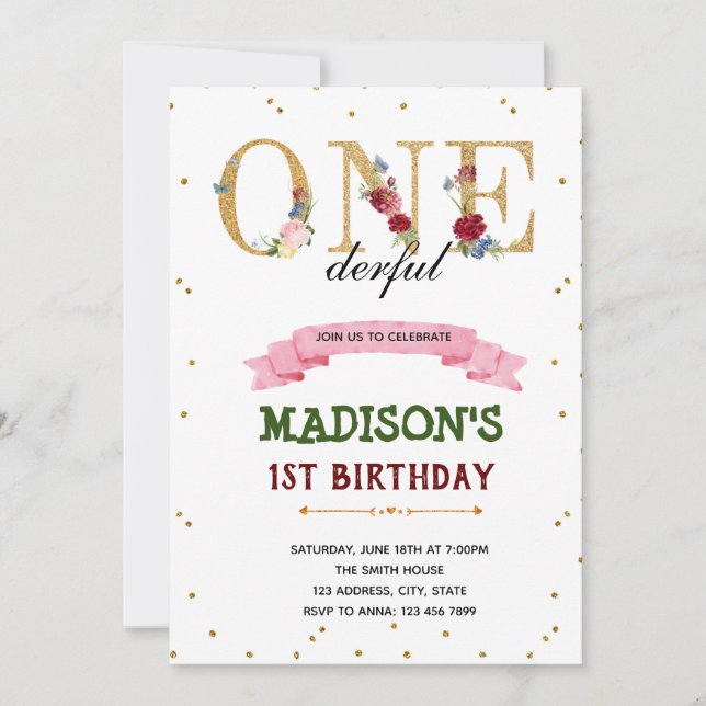 convite de aniversário Floral ONEderful (Frente)