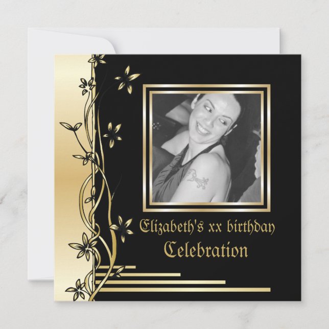 Convite de aniversário floral para Black and gold (Frente)