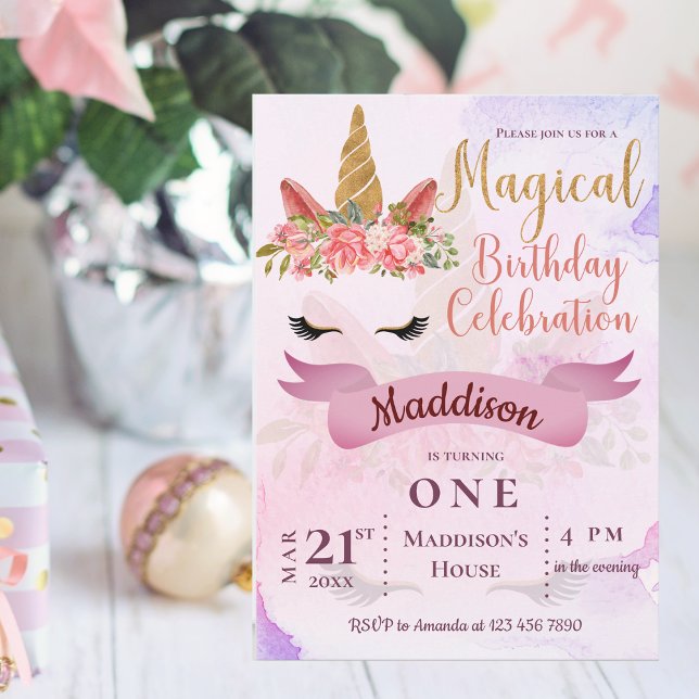 Convite de aniversário Floral Pastel Unicorn (Pastel Unicorn Floral Birthday Party Invitation)