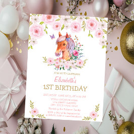 Convite de Aniversário Floral Pônei Brilho Dourado