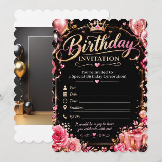 Convite de Aniversário Floral Preto e Rosa 🌸