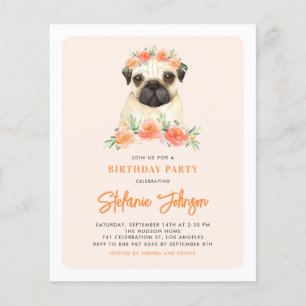 Convite de Aniversário Floral Pug Peach