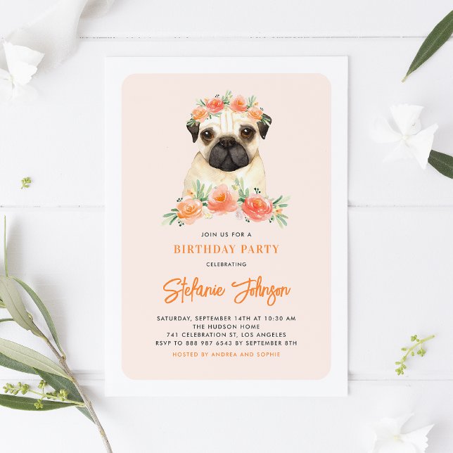 Convite de Aniversário Floral Pug Peach (Criador carregado)