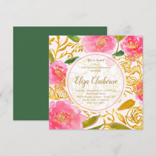Convite de aniversário Floral rosa e Dourado