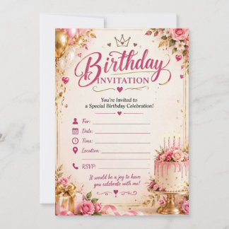 Convite de Aniversário – Floral Rosa e Dourado