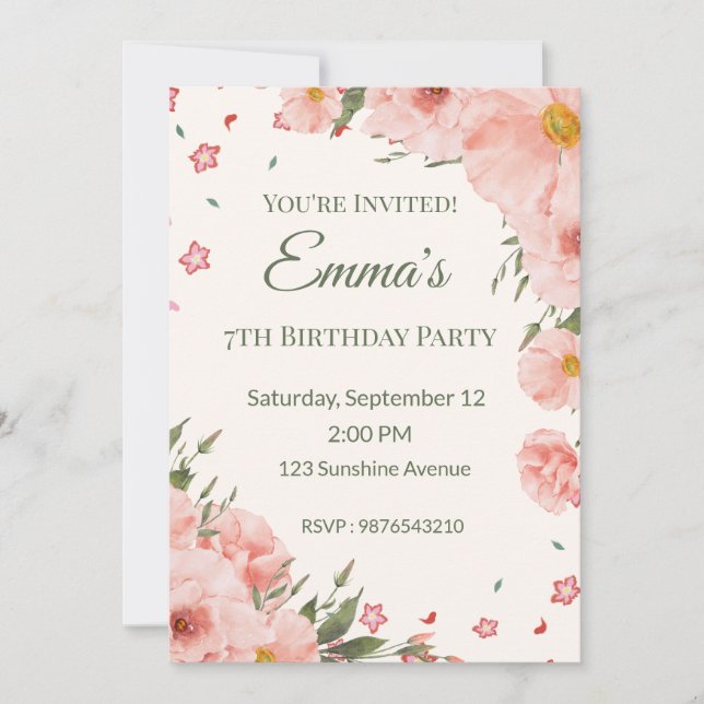 Convite de Aniversário Floral Rosa Editável (Frente)