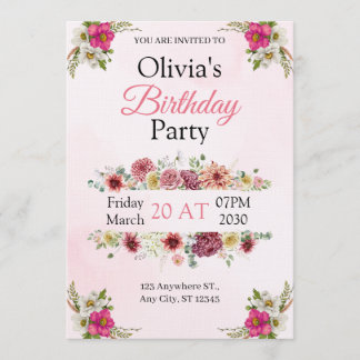 Convite de Aniversário Floral Rosa Elegante
