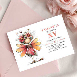 Convite de Aniversário Floral Rosa Menina Fada Vib