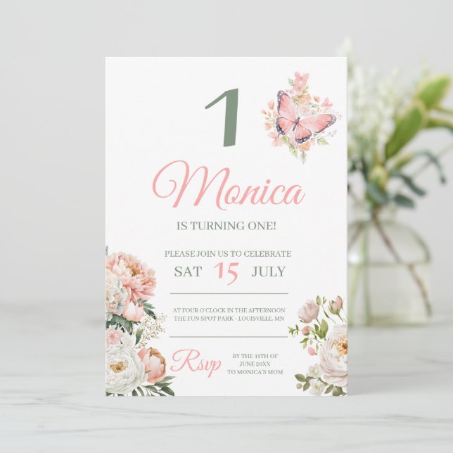 Convite de aniversário floral rosa personalizado (Em pé/Frente)
