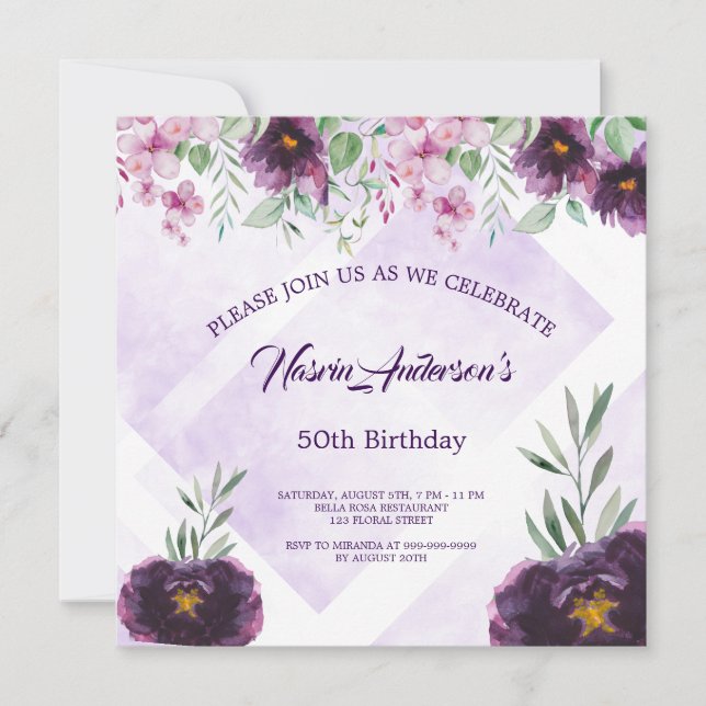 Convite de Aniversário Floral Roxo Elegante (Frente)