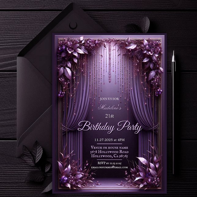 Convite de aniversário Floral Roxo Elegante (Elegant Floral Amethyst Purple Birthday Party Invitation)