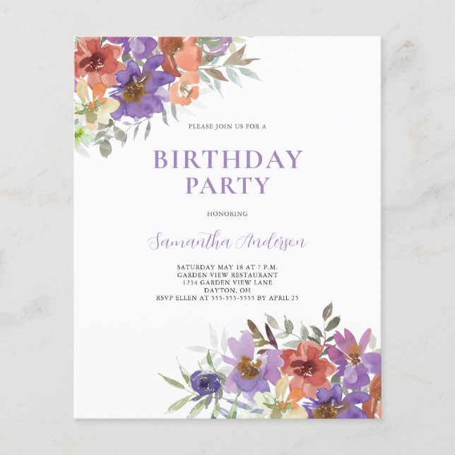 Convite de Aniversário Floral Roxo Orçamento (Frente)