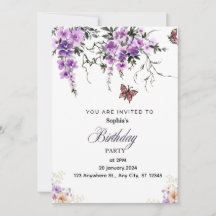 Convite de Aniversário Floral Roxo Personalizado